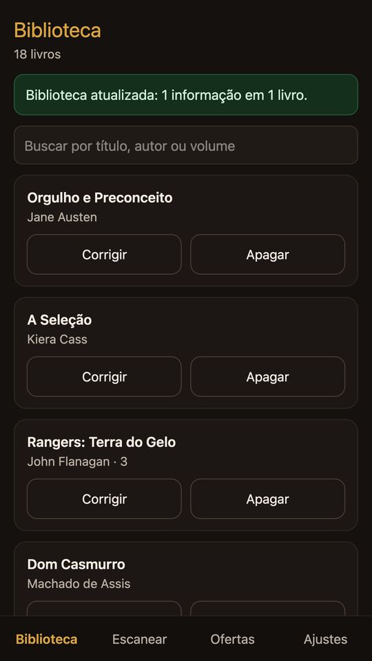 Lista da biblioteca com os botões Corrigir e Apagar em cada livro