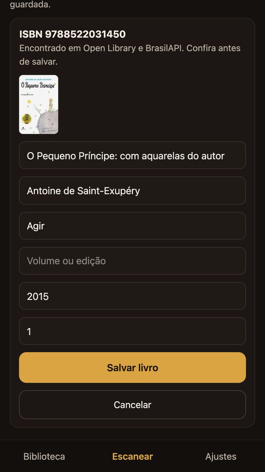 Tela de cadastro de um livro pelo ISBN com capa, título e autor preenchidos