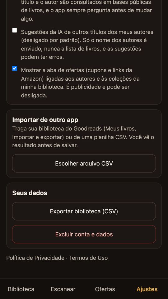 Tela de ajustes com importar do Goodreads, exportar CSV e excluir conta