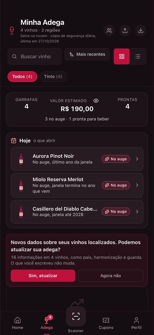 Tela Minha Adega com garrafas, valor estimado e vinhos prontos para beber
