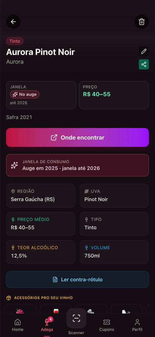 Ficha de um vinho com região, uva, preço médio e botão Ler contra-rótulo