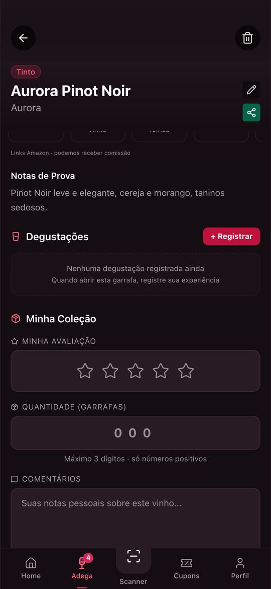 Ficha do vinho com janela de consumo, degustações e minha coleção