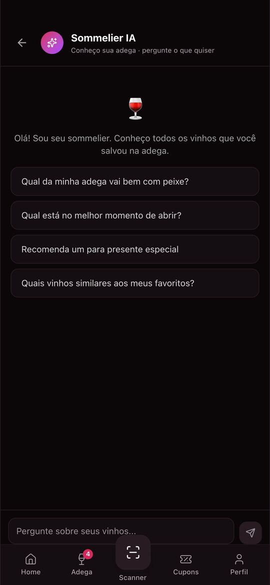 Conversa com o Sommelier IA, com perguntas sugeridas