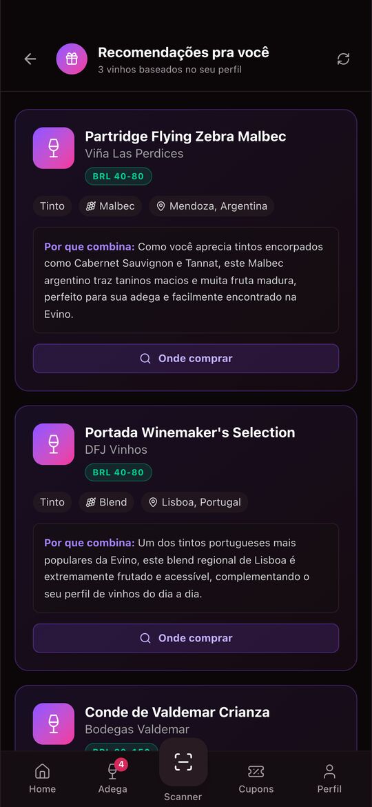 Lista de recomendações de vinhos com o motivo da sugestão