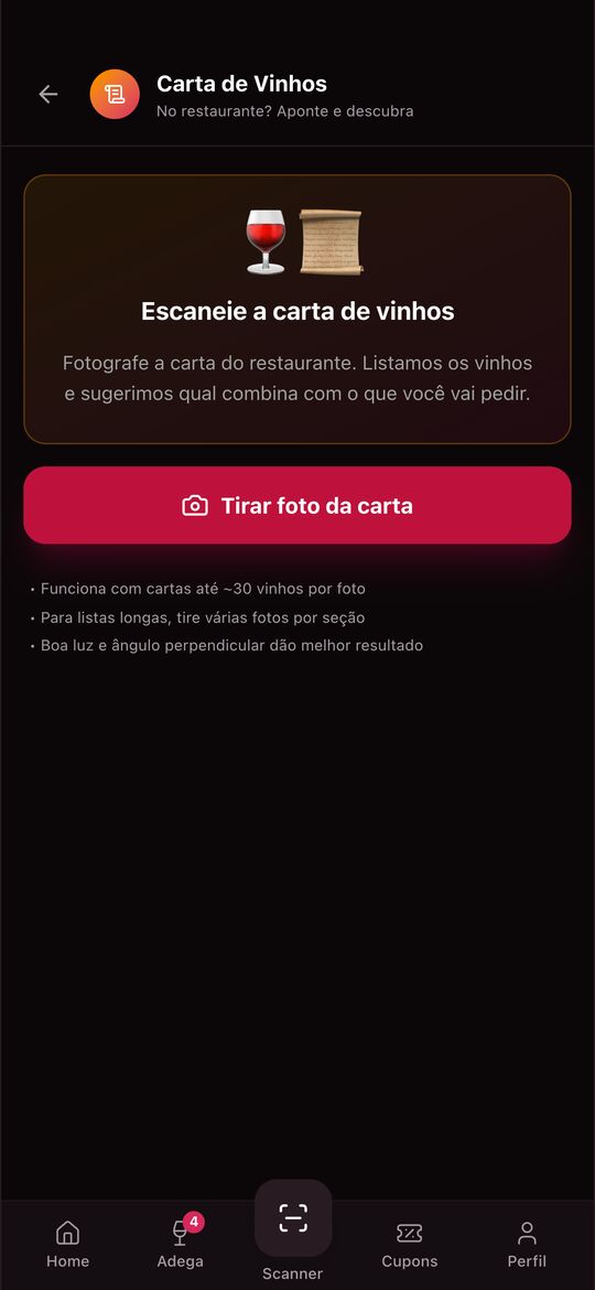 Tela Carta de Vinhos com o botão Tirar foto da carta