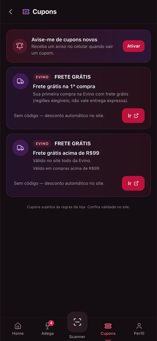 Aba Cupons com frete grátis de uma loja parceira