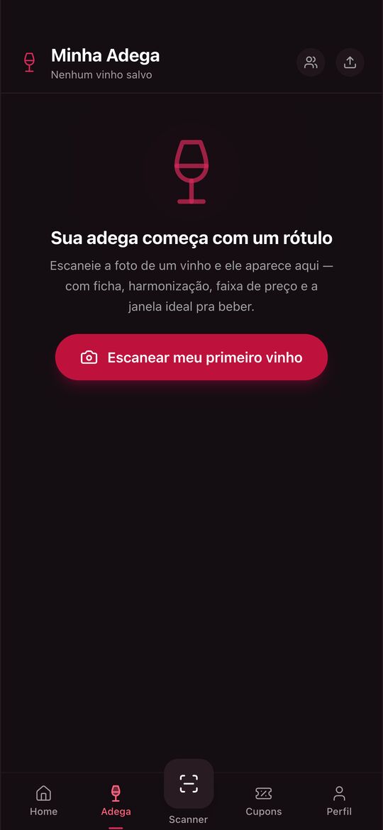 Tela da adega vazia com o botão Escanear meu primeiro vinho